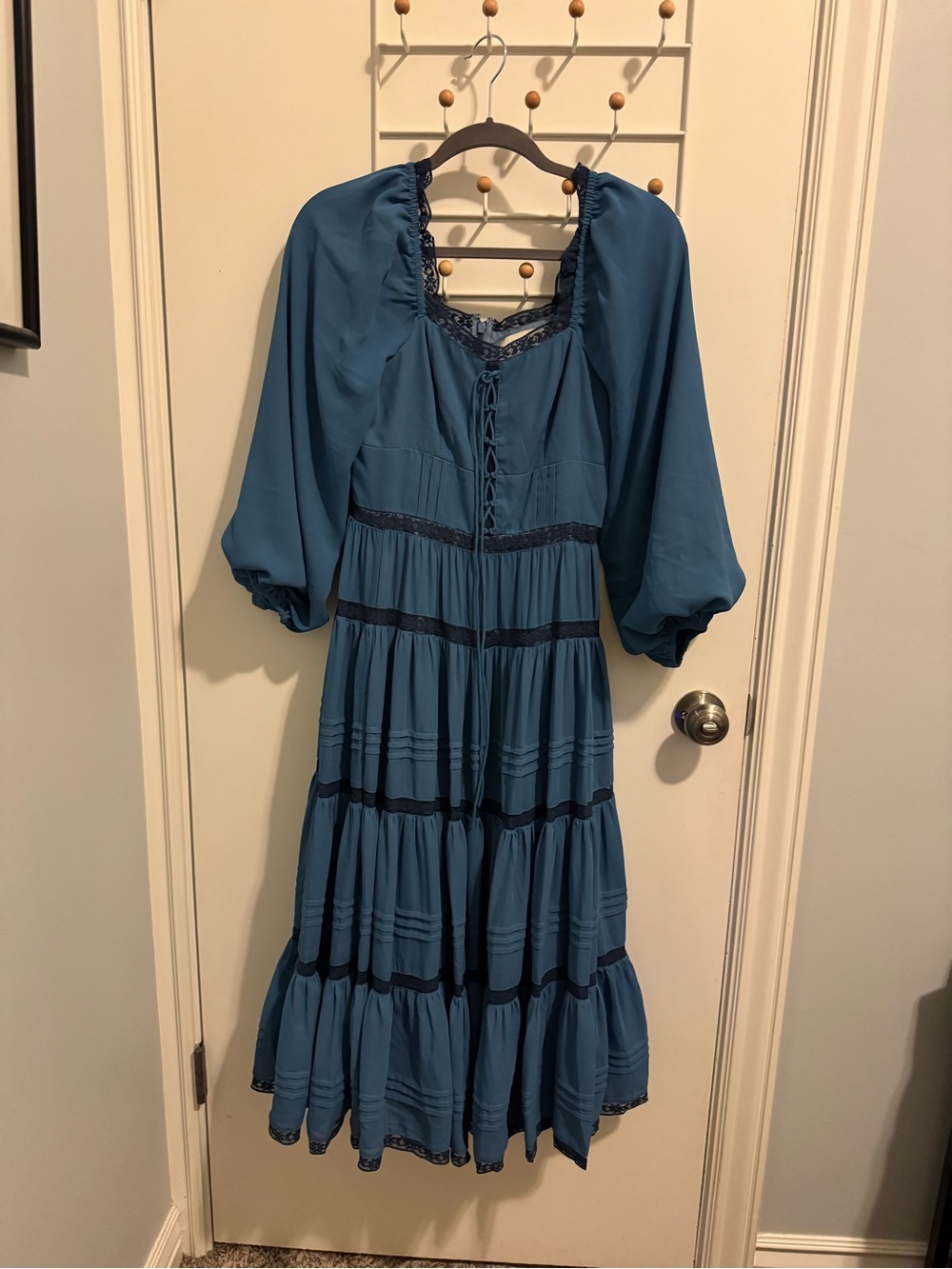 JessaKae Blue Delores with Sleeves Tiered Maxi Dress with Lace Accents